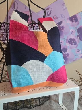 Colorblock Knit Tote Bag - Navy, Pink, Turquoise, Orange